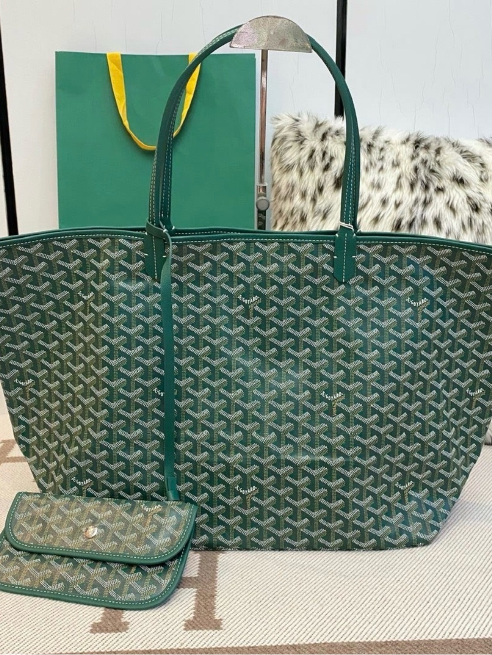 Green Patterned Tote Bag with Matching Pouch - Women Bags